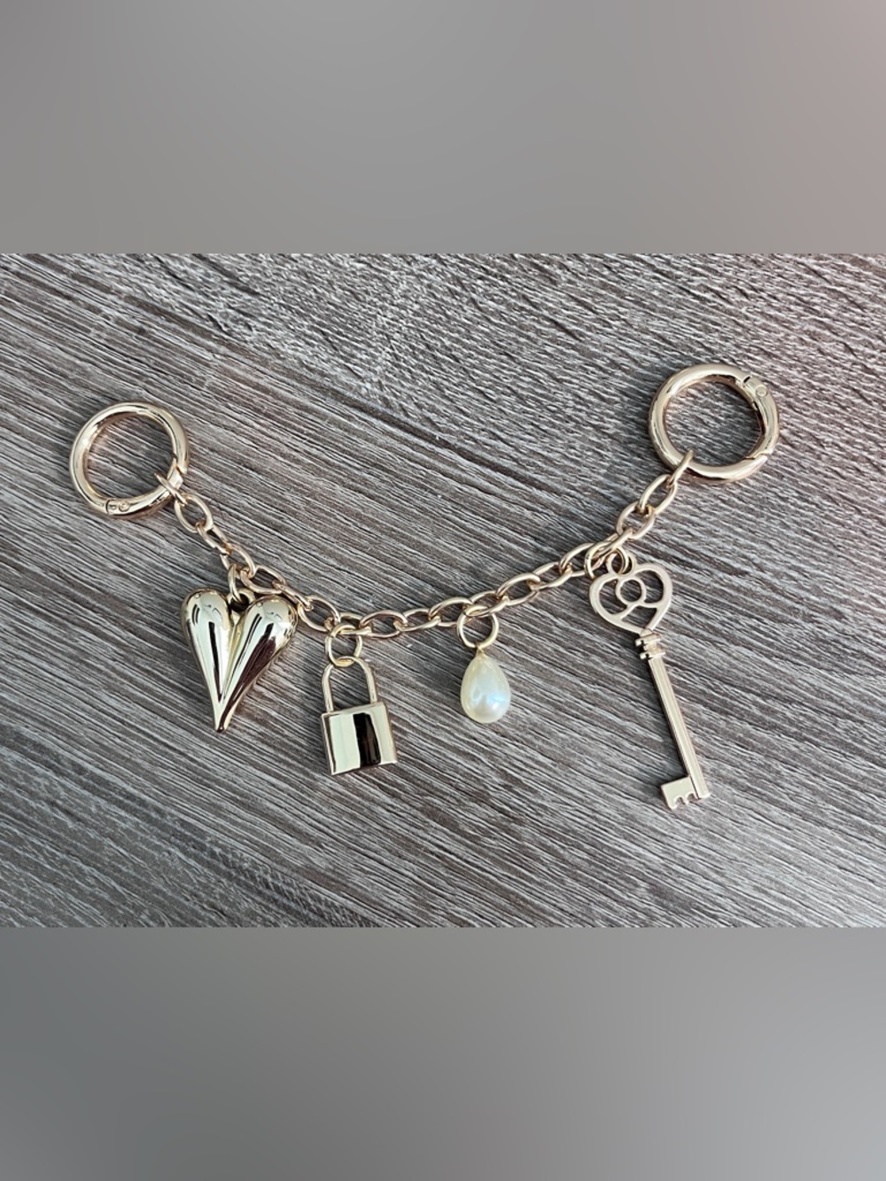 Gold Bag Charm with Heart, Lock, Pearl Drop and Key